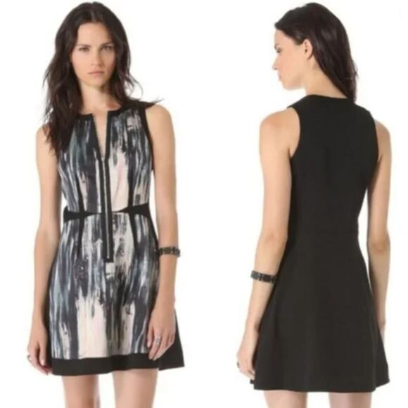 Rebecca Taylor Brushstroke Shift Dress, 100% Silk Panel, Blue Creme Black, Sz 4 - Picture 1 of 9